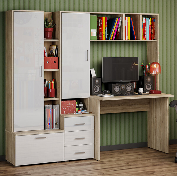 ПАСКАЛЬ Стол СТ 105 (Уголок школьника) Корпус - Дуб Сонома светлый Фасад МДФ - глянцевая Белый (8 мест) ОС50 КАТЕГОРИЯ А СНЯТО