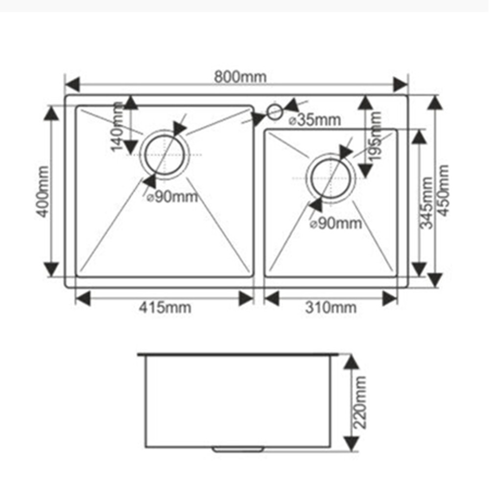 Мойка нерж врезная 800х450х220 т 3,0 САТИН 2-я ЧАША S8045H сатин AISI 304 MLN