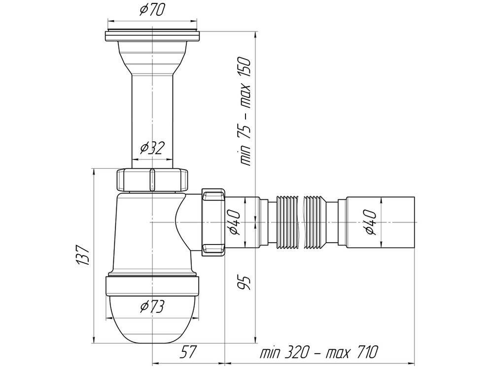C0505 Сифон АНИ Пласт 1 1/2"*40 с гофрой 40/40