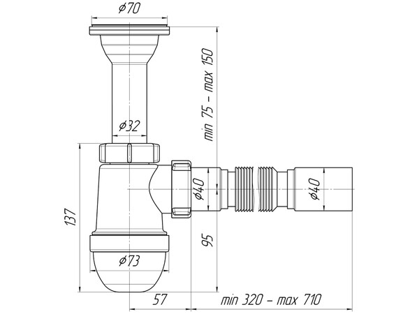 C0505 Сифон АНИ Пласт 1 1/2"*40 с гофрой 40/40