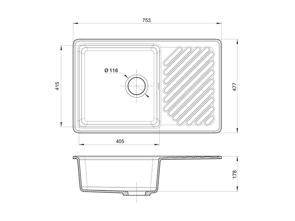 Мойка для кухни GranFest QUARZ GF-QUARZ 52 чаша+ крыло 760х480 без сифона (52 белый)