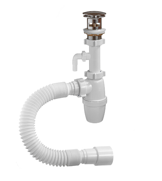 А-32035 Сифон бутылочный ОРИО1 1/4" х 40с металл. выпуском"КЛИК-КЛАК"с отводом и гиб.трубой 40-40/50