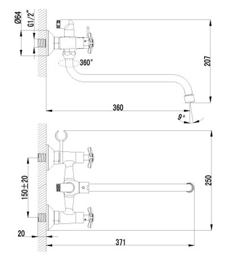 LM6541C Partner Смеситель универ.двуручный, круглый излив 300 мм, дивертор с кер.пластин., хром LEMARK