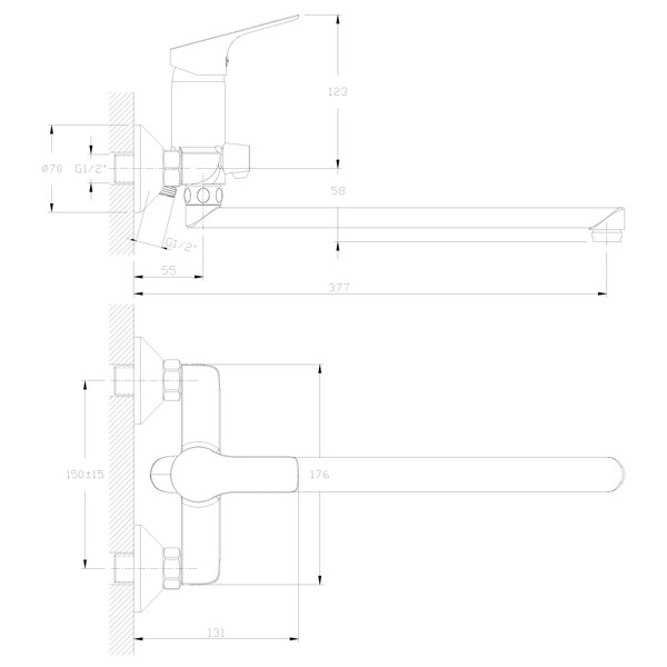 Смеситель Ванна шар d35 L-нос керамическое переключение, хром ROSSINKA RS29-33