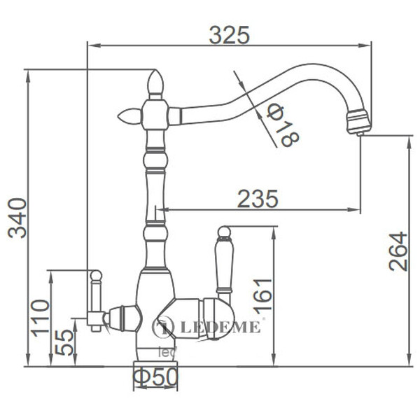 4555-3 Смеситель Кухня LEDEME шар. d35 с выходом для питьевой воды