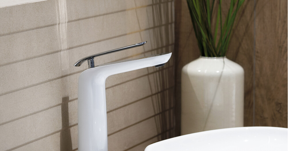 LM4909CW Melange Смеситель для умывальника высокий, монолитный, хром/белый LEMARK