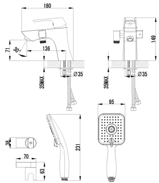 LM4515C Unit Смеситель на борт ванны монолитный излив, кер.дивертор, с аксесс-ми, хром LEMARK