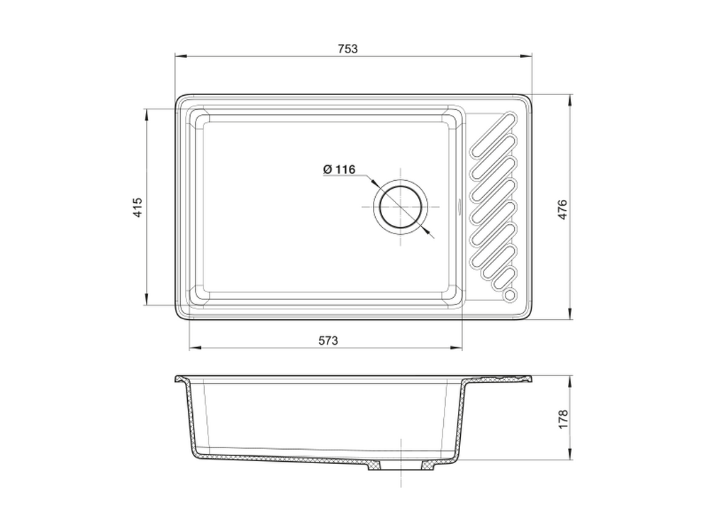 Мойка GRANFEST QUARZ-52 1 чаша+ крыло 760х480 (ТЕРРАКОТ) (без сифона)