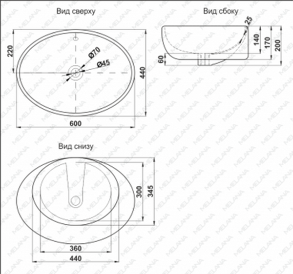 800-320314 Фигурный умывальник накладной 600х400х200 MELANA 