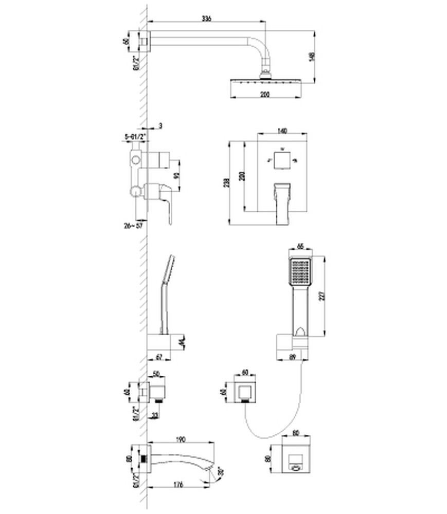 LM4522C Unit Смеситель для ванны и душа встраиваемый с доп лейкой, хром LEMARK