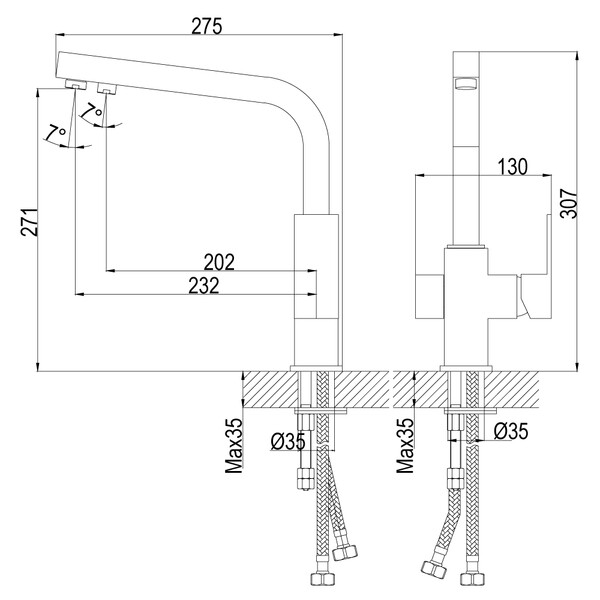 Смеситель Кухня шар d35 Г-образ излив под фильтр к питьевой воде, хром ROSSINKA Z35-32