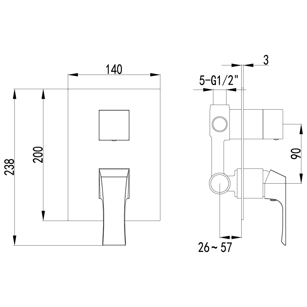 LM4527C Unit Смеситель для ванны и душа встраиваемый с доп. 2х-функц. диверт, без аксессуаров, хром