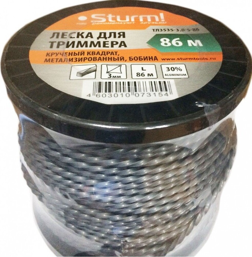 ТЛ3535-3.0-S-86 Леска для триммера, d=3.0 мм, l=86 м, КРУЧЕНЫЙ КВАДРАТ, металл., БОБИНА, Sturm!