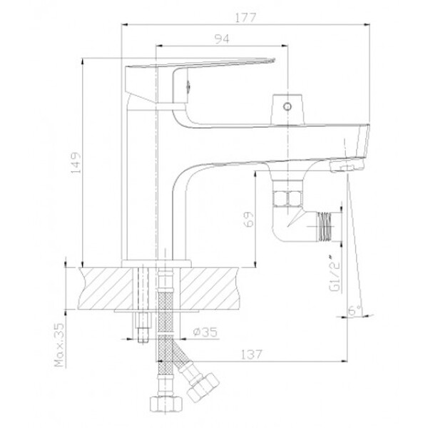 Смеситель на борт ванны шар d35 керам. переключение, с ручной 5-ф. лейкой, хром ROSSINKA S35-38