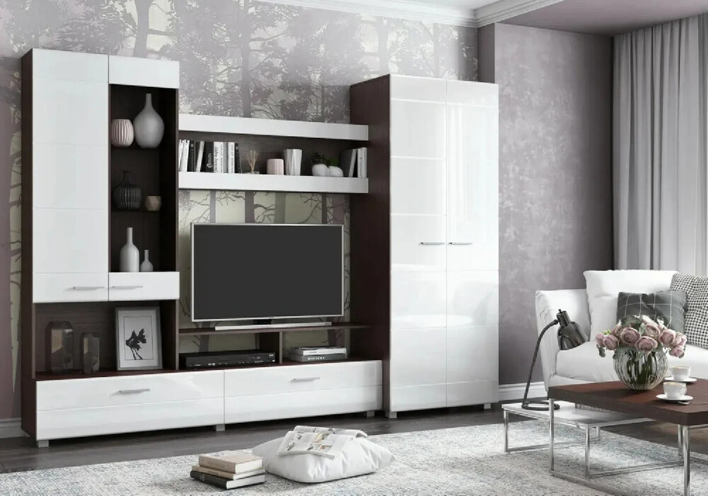 КАМИЛА Стенка Корпус - Венге Фасад МДФ - глянцевый Белый (10 мест) ОД910