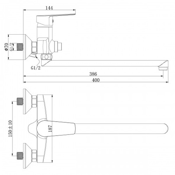 Смеситель Ванна шар d35 L-нос кнопочный дивертор, хром ROSSINKA S35-35